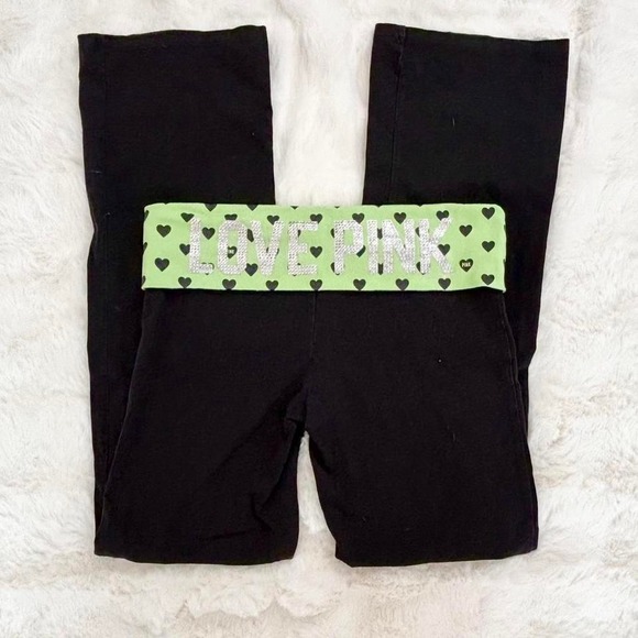 Victoria's Secret PINK Pants - victoria's secret pink yoga fold over flare pants green hearts